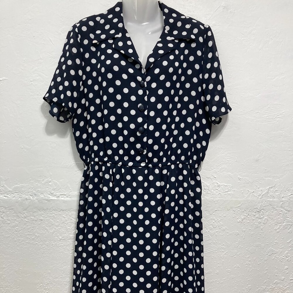 VINTAGE Brown Stone Studio Midi Dress Button Front Blue Polka Dot Cottage Sheer - Picture 2 of 13
